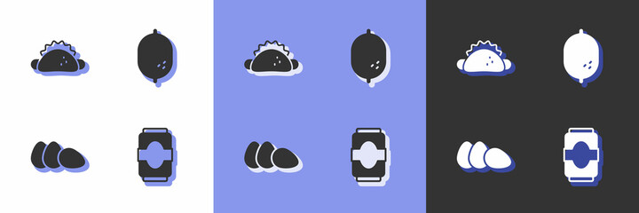 Set Soda can, Taco with tortilla, Chicken egg and Lemon icon. Vector