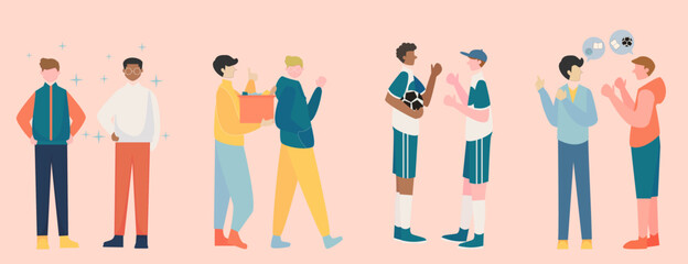 illustration of college student trying to get friend, get confident, be yourself, getting friendly with your roomate, talking about hobby, attend extracculicular
