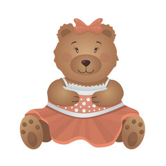 Vector brown bear cub girl in pink dress and bow isolated.