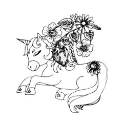 Sketch horse unicorn sleeps and sees fabulous dreams. Hand drawn design for print and print. Illustration for children's book, postcard, clothing, packaging.