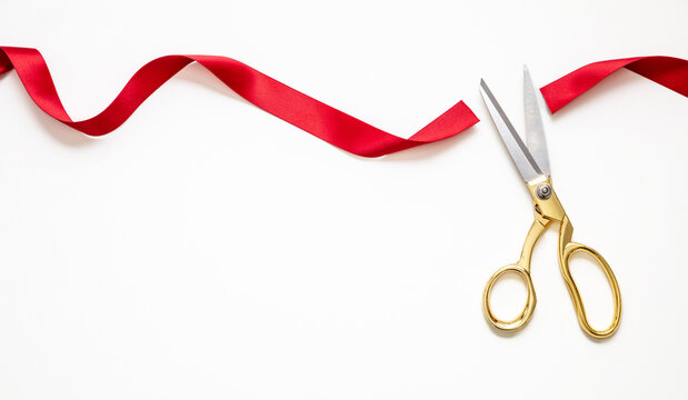 Inaugural invitation, ribbon cut, Grand opening, New business. Gold scissors isolated on white