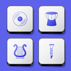 Set Vinyl disk, African darbuka drum, Ancient Greek lyre and Clarinet icon. White square button. Vector