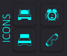 Set Eye sleep mask, Big bed, Alarm clock and icon. Black square button. Vector