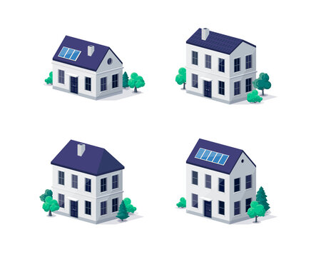 Residential home city urban old town historic and new modern buildings illustrations in 3d dimetric isometric view Family house, suburban building with solar panels. Isolated vector illustration.