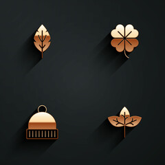 Set Leaf, Four leaf clover, Winter hat and icon with long shadow. Vector
