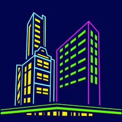 City neon line art skyline with buildings, towers. Glowing lights town, architecture vector illustration.