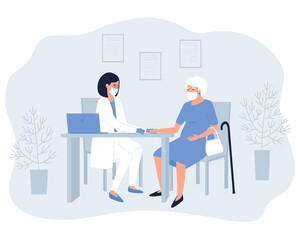 An elderly woman at a doctor's appointment measures the level of saturation. Measurement of blood oxygen saturation using a special device, a pulse oximeter.  Flat vector illustration.