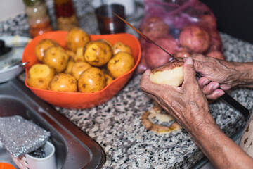 High angle view of woman cutting potatoes at home
