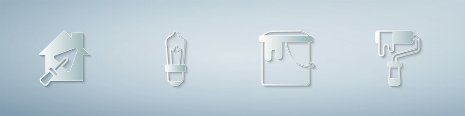 Set House with trowel, Light bulb, Paint bucket and roller brush. Paper art style. Vector