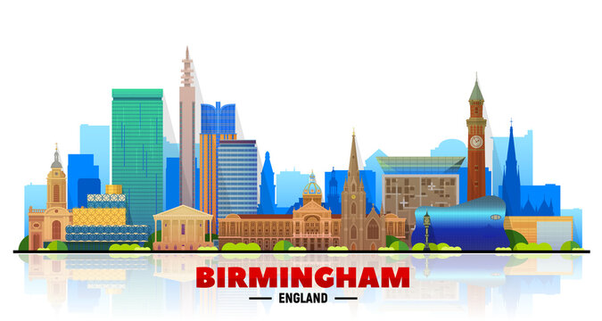Birmingham (England) city skyline vector at white background. Flat vector illustration. Business travel and tourism concept with modern buildings. Image for banner or website.