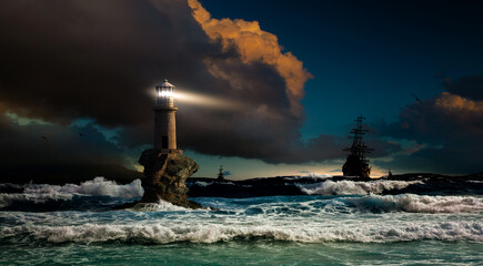 Storm at sea overlooking the lighthouse and ships. Lighthouse Tourlitis of Chora, Andros island,...