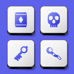 Set Magic carpet, Skull, Old magic key and staff icon. White square button. Vector
