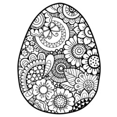 Vector doodle coloring book page or adult. Easter egg in mandala style. Detailed black contour flowers pattern on white background