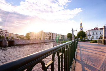 Bridge and embankment of channel or river in Saint Petersburg, Russia