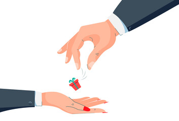 Valentine day. A man's hand gives a gift to a woman's hand. Gift exchange. Vector image