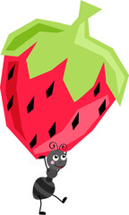 Cute ant carrying a funny strawberry