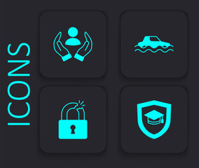 Set Graduation cap with shield, Life insurance, Flood car and Broken or cracked lock icon. Black square button. Vector