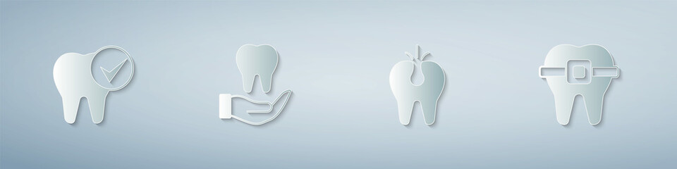 Set Tooth, Broken tooth and Teeth with braces. Paper art style. Vector