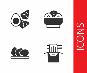Set Asian noodles in paper box, Chicken egg with vegerables, and Chow mein on plate icon. Vector