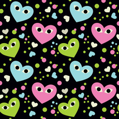 Seamless pattern with cute hearts with eyes on a black background.