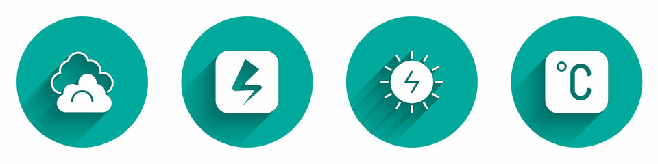 Set Cloud, Lightning bolt, Solar energy panel and Celsius icon with long shadow. Vector