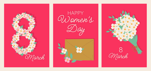 Collection of templates for greeting cards or postcards with a bouquet of flowers, an envelope and a wish for a happy women's day. Modern holiday illustration for 8 March holiday.