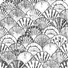 Black and white sea shell japanese waves seamless pattern