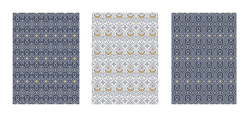 A collection of seamless patterns in Art Nouveau and Art Deco style. Endless one-line ornament in minimalism. White and gold. Geometric shapes, moon, crescent moon, foliage.