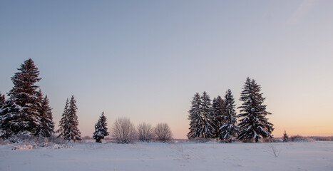 Sunset in a cold white winter landscape .