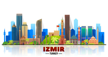 Fototapeta premium Izmir (Turkey) city skyline vector at white background. Flat vector illustration. Business travel and tourism concept with modern buildings. Image for banner or website.