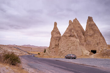 Travel and tourism in Turkey. Famous sightseeing Cappadocia, Anatolia. Beautiful landscape with mountains, hills and caves.