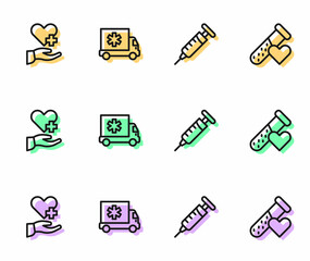 Set line Syringe, Heart with cross, Ambulance car and Test tube blood icon. Vector