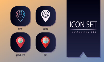 Location signs with people inside. Red map pin icons for social network, websites, mobile apps, e-business, etc. GPS markers in line, solid, flat and gradient styles.
