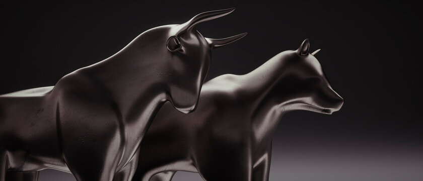 Dark iron bull and bear statuettes - stock market concept