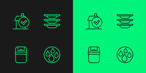 Set line Water drop, Trash can, Home cleaning service and Washing dishes icon. Vector