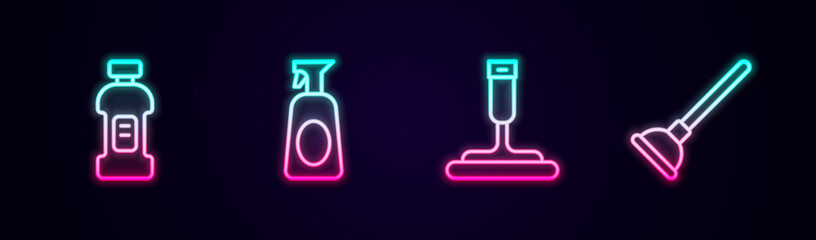 Set line Bottle for detergent, Cleaning spray with, Rubber cleaner windows and plunger. Glowing neon icon. Vector