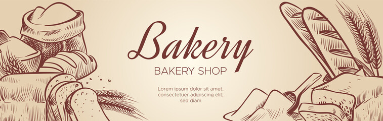 Bakery shop banner with hand drawn bread and pastry - obrazy, fototapety, plakaty