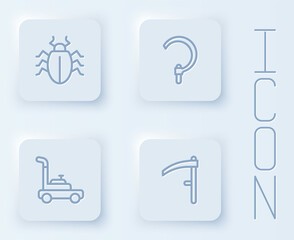 Set line Colorado beetle, Sickle, Lawn mower and Scythe. White square button. Vector