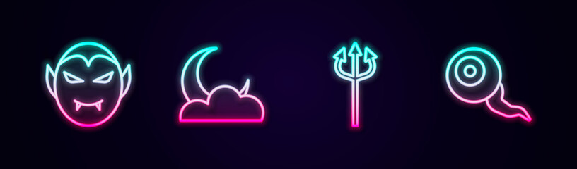 Set line Vampire, Moon and stars, Trident devil and Eye. Glowing neon icon. Vector