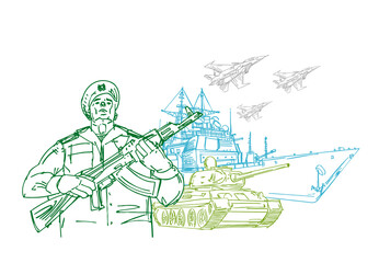 Fototapeta na wymiar Soldier and tanks and aircraft hand drawing. February 23. Defenders of the Fatherland Day. Postcard military holiday in Russia.