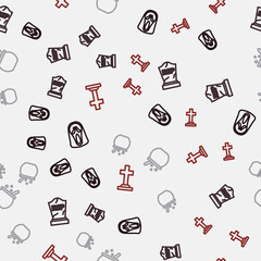 Set line Funny and scary ghost mask, Tombstone with RIP written, Halloween witch cauldron and cross on seamless pattern. Vector