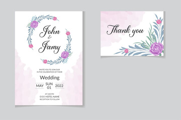 Floral wedding invitation card with watercolor purple and pink peony