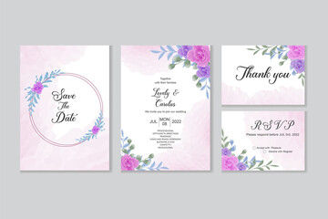 Wedding invitation template with watercolor pink and purple color rose