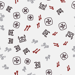 Set line Viking in horned helmet, Crusade, Medieval catapult and arrows on seamless pattern. Vector