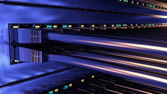 Network switches receiving big data in the cloud hosting data center. Dark server room in the data center with installed communication equipment. Close-up 3d animation with server rack, seamless loop.