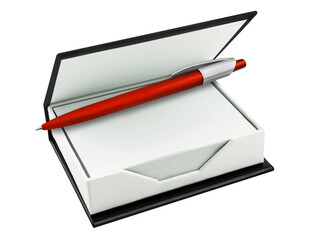 Leere Notizzettel in schwarzer Box mit rotem Kugelschreiber auf weissem Hintergrund