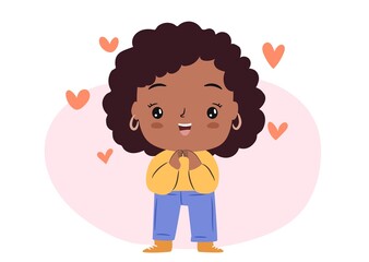 Excited chibi girl. Cute cartoon woman in love with something, front view.