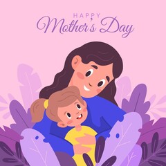 Hugs mother day. Happy mom hugs daughter, loving family, parent and child in embrace, cute greeting card, plant elements, boy and woman with congratulation text, vector isolated concept