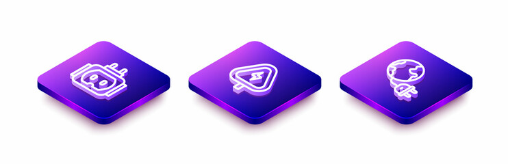 Set Isometric line Tee plug electric, High voltage and Global energy planet with icon. Vector