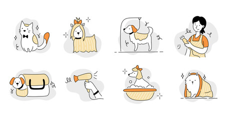 Pet grooming salon icon set. Cute dog beauty grooming salon, wash, care hair of pet. Doodle line style animal and character. Vector illustration.